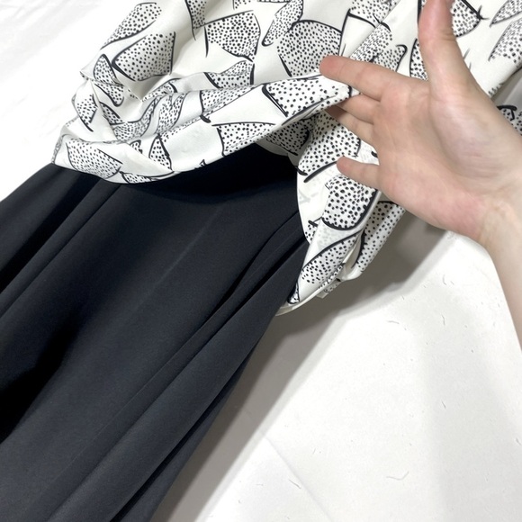 Vintage 90s Cream Black Print Modest Midi Dress M - Picture 11 of 13